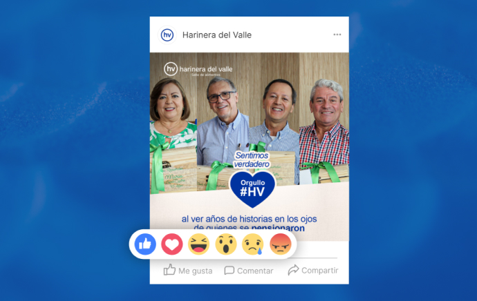 Publicación de Harinera del Valle en Facebook celebrando a empleados jubilados, con la etiqueta Orgullo #HV y botones de reacción en la parte inferior.